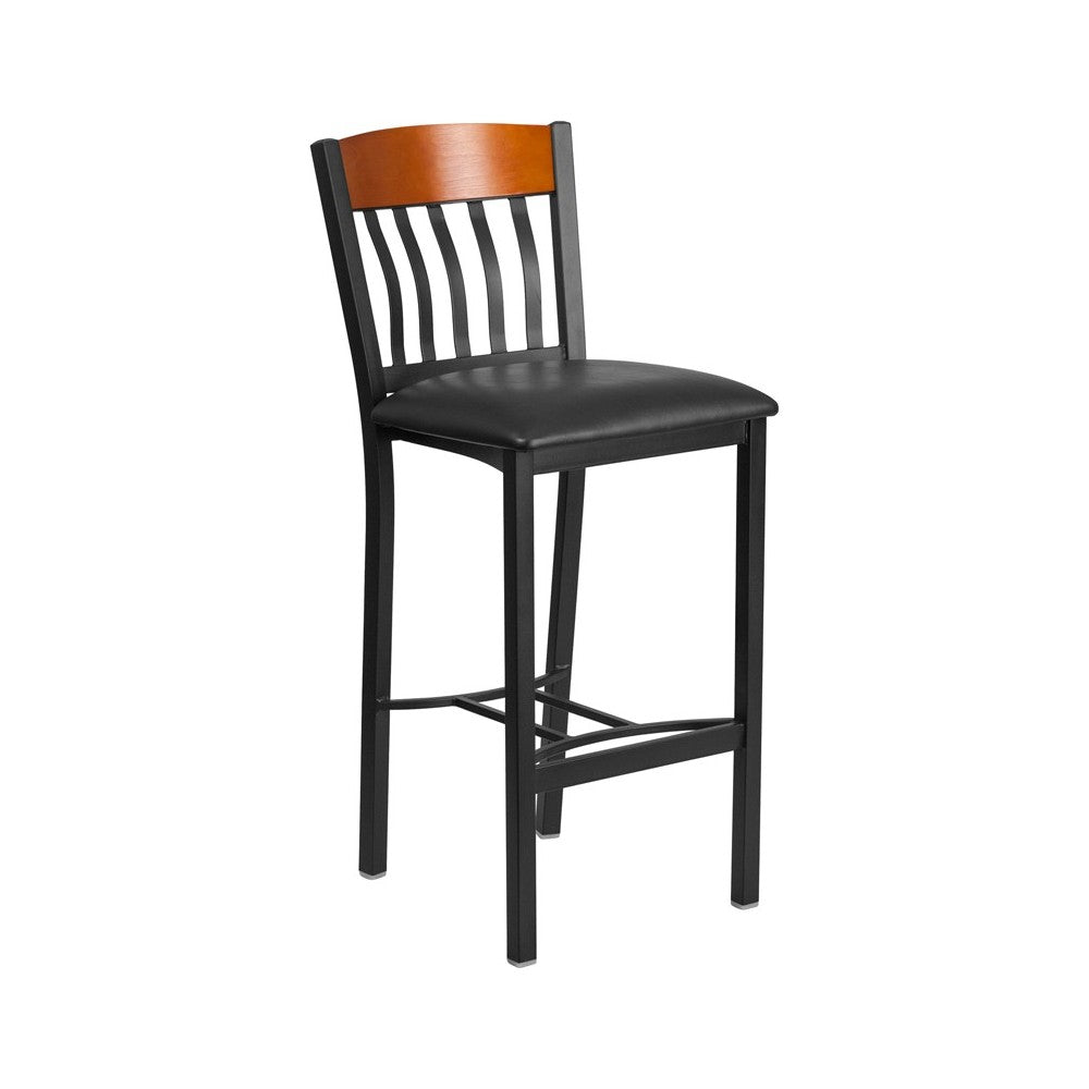 Eclipse Series Vertical Back Black Metal and Cherry Wood Restaurant Barstool with Black Vinyl Seat