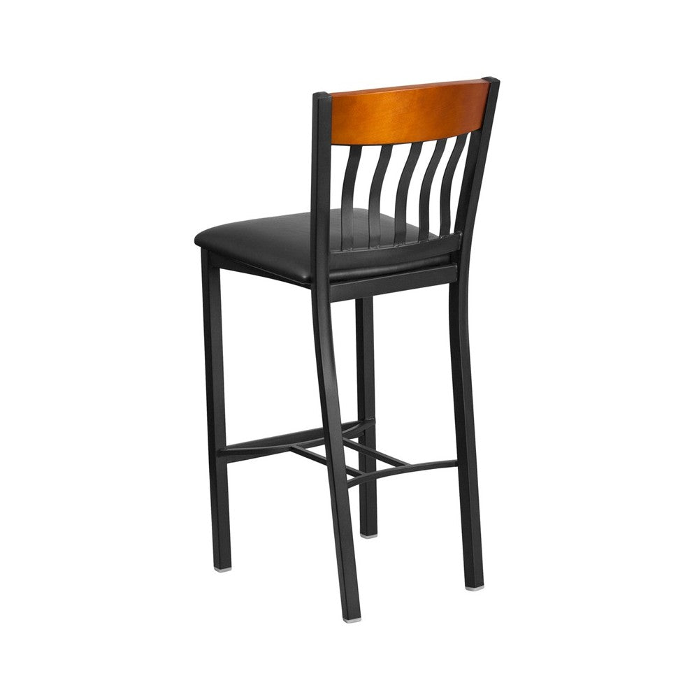 Eclipse Series Vertical Back Black Metal and Cherry Wood Restaurant Barstool with Black Vinyl Seat