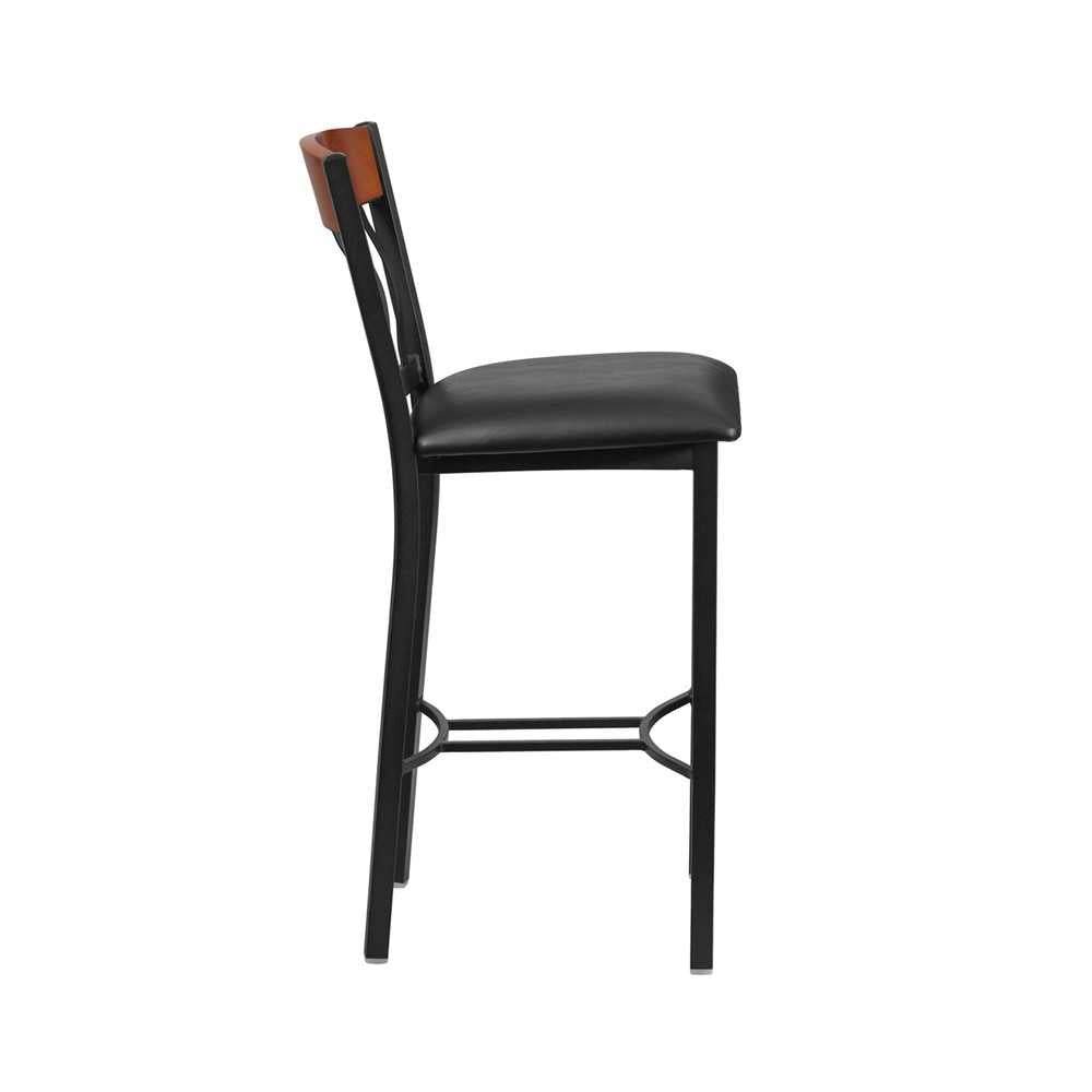 Eclipse Series Vertical Back Black Metal and Cherry Wood Restaurant Barstool with Black Vinyl Seat