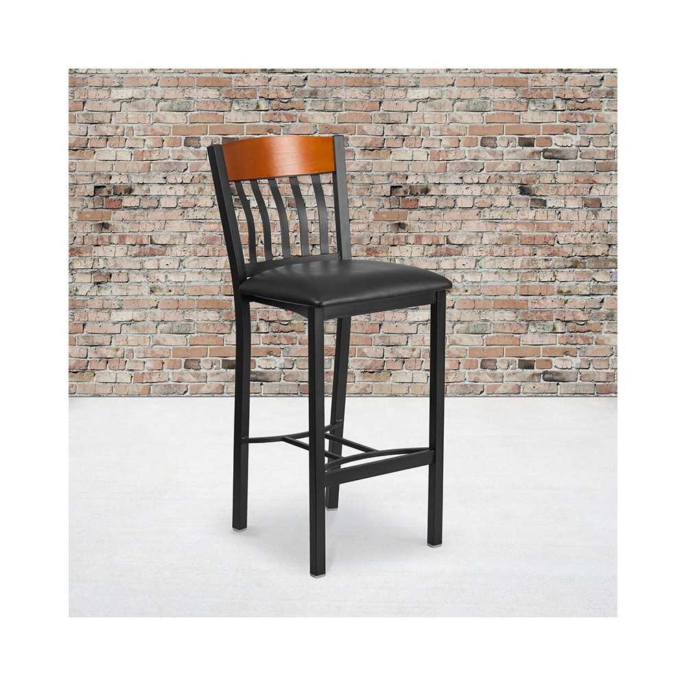 Eclipse Series Vertical Back Black Metal and Cherry Wood Restaurant Barstool with Black Vinyl Seat
