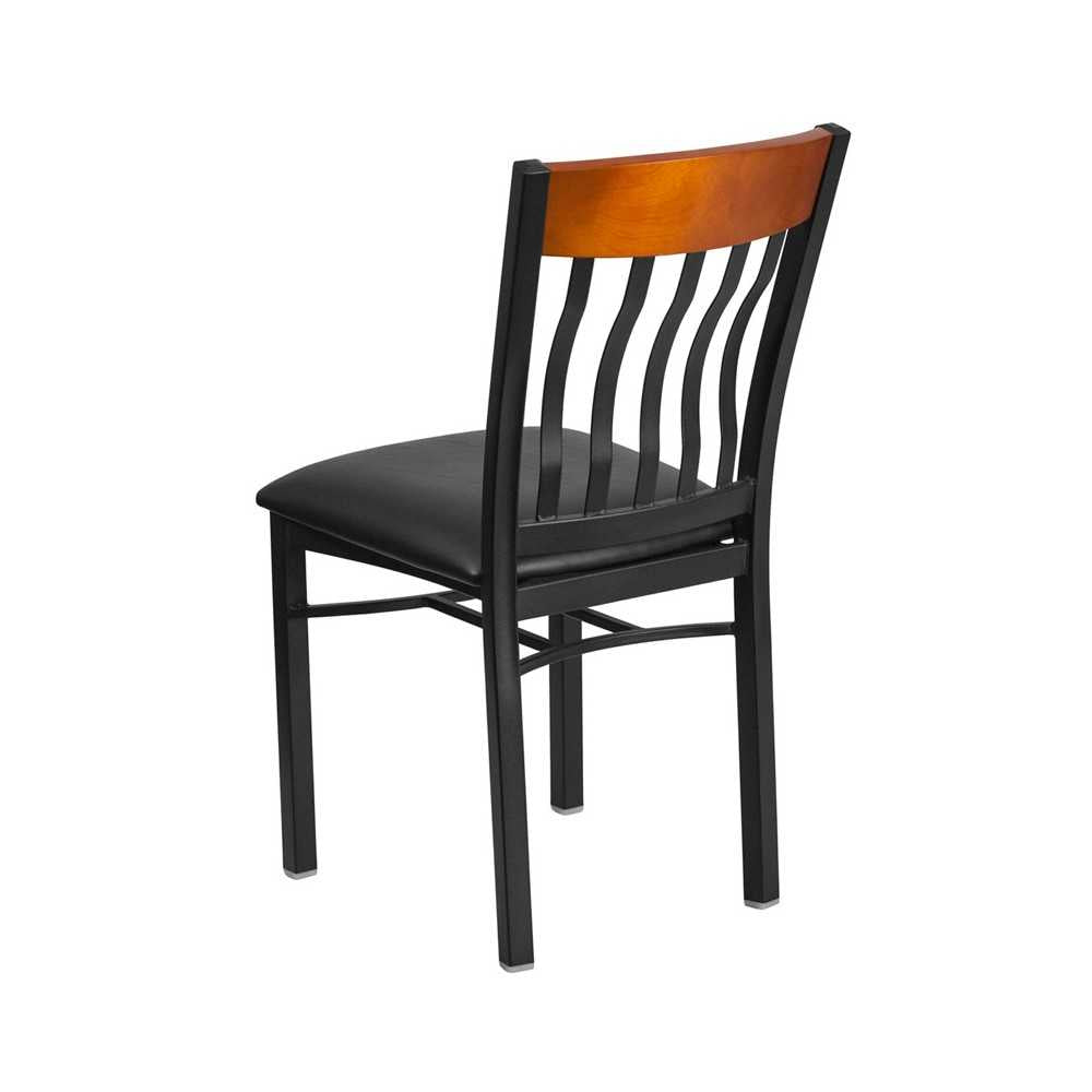 Eclipse Series Vertical Back Black Metal and Cherry Wood Restaurant Chair with Black Vinyl Seat