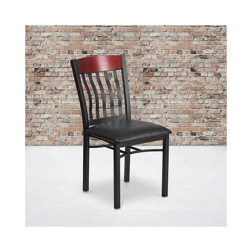Eclipse Series Vertical Back Black Metal and Mahogany Wood Restaurant Chair with Black Vinyl Seat