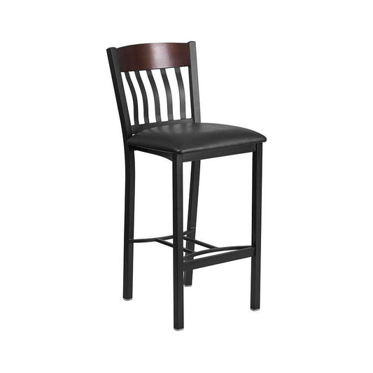 Eclipse Series Vertical Back Black Metal and Walnut Wood Restaurant Barstool with Black Vinyl Seat