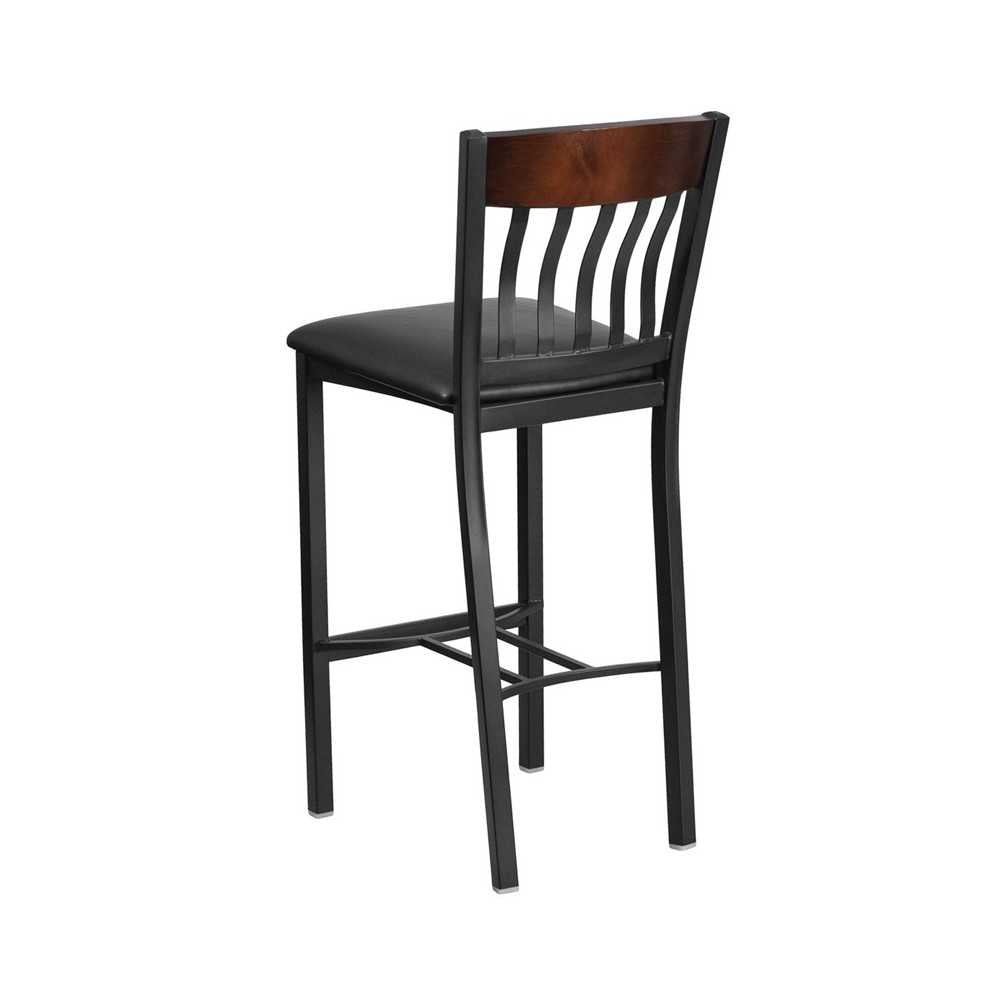 Eclipse Series Vertical Back Black Metal and Walnut Wood Restaurant Barstool with Black Vinyl Seat
