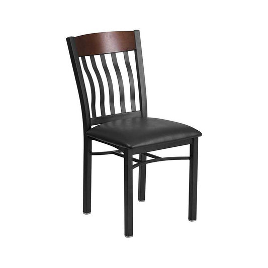 Eclipse Series Vertical Back Black Metal and Walnut Wood Restaurant Chair with Black Vinyl Seat