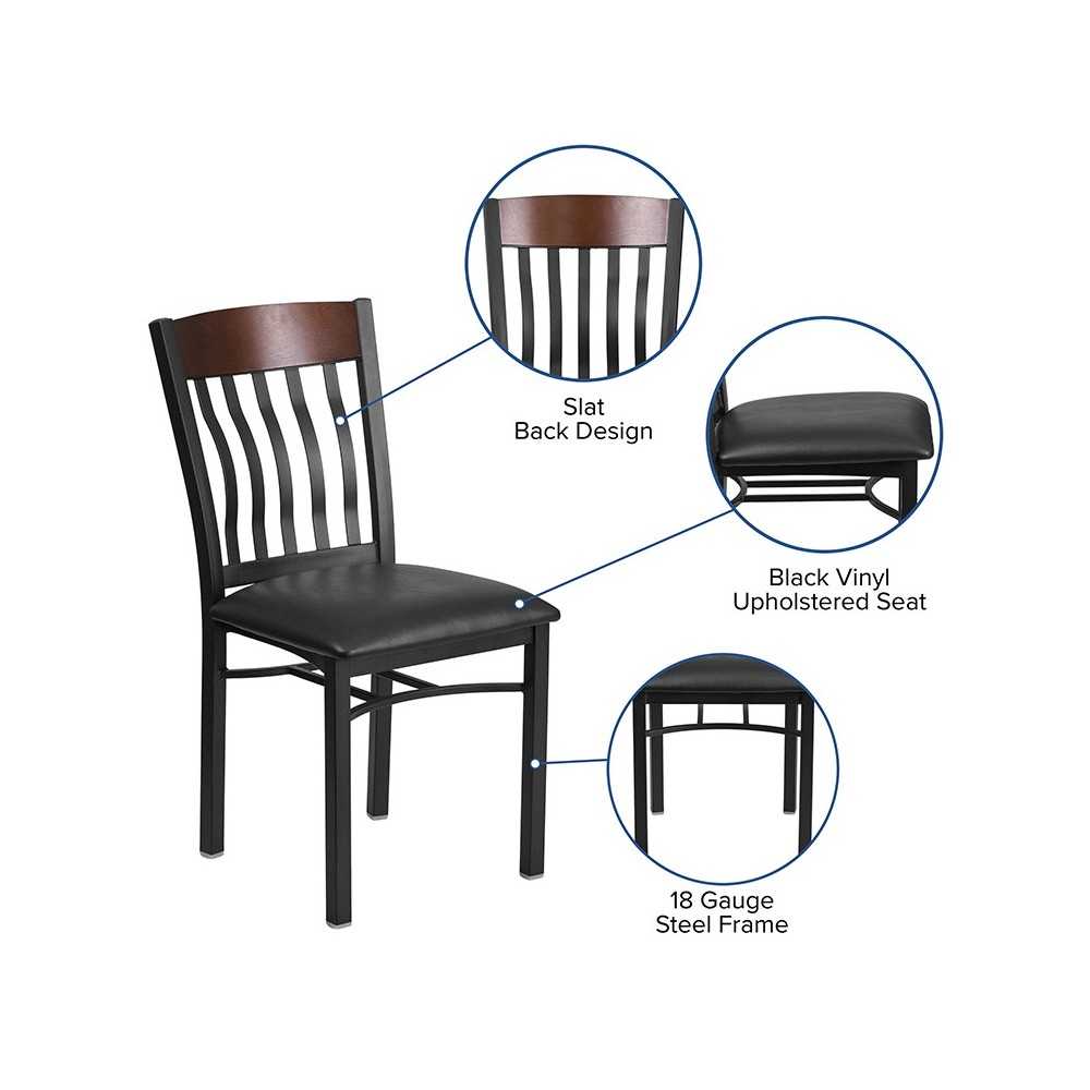 Eclipse Series Vertical Back Black Metal and Walnut Wood Restaurant Chair with Black Vinyl Seat