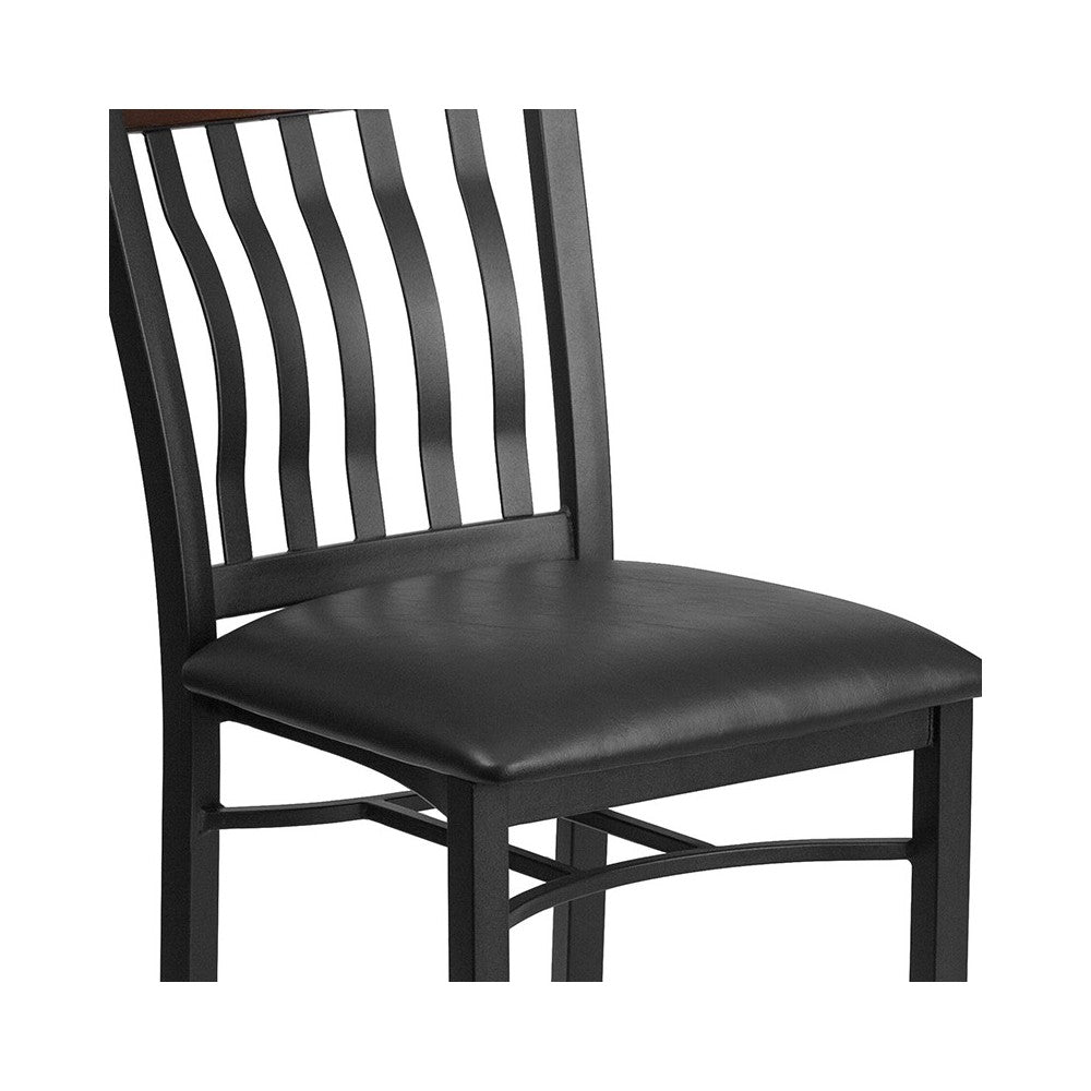 Eclipse Series Vertical Back Black Metal and Walnut Wood Restaurant Chair with Black Vinyl Seat