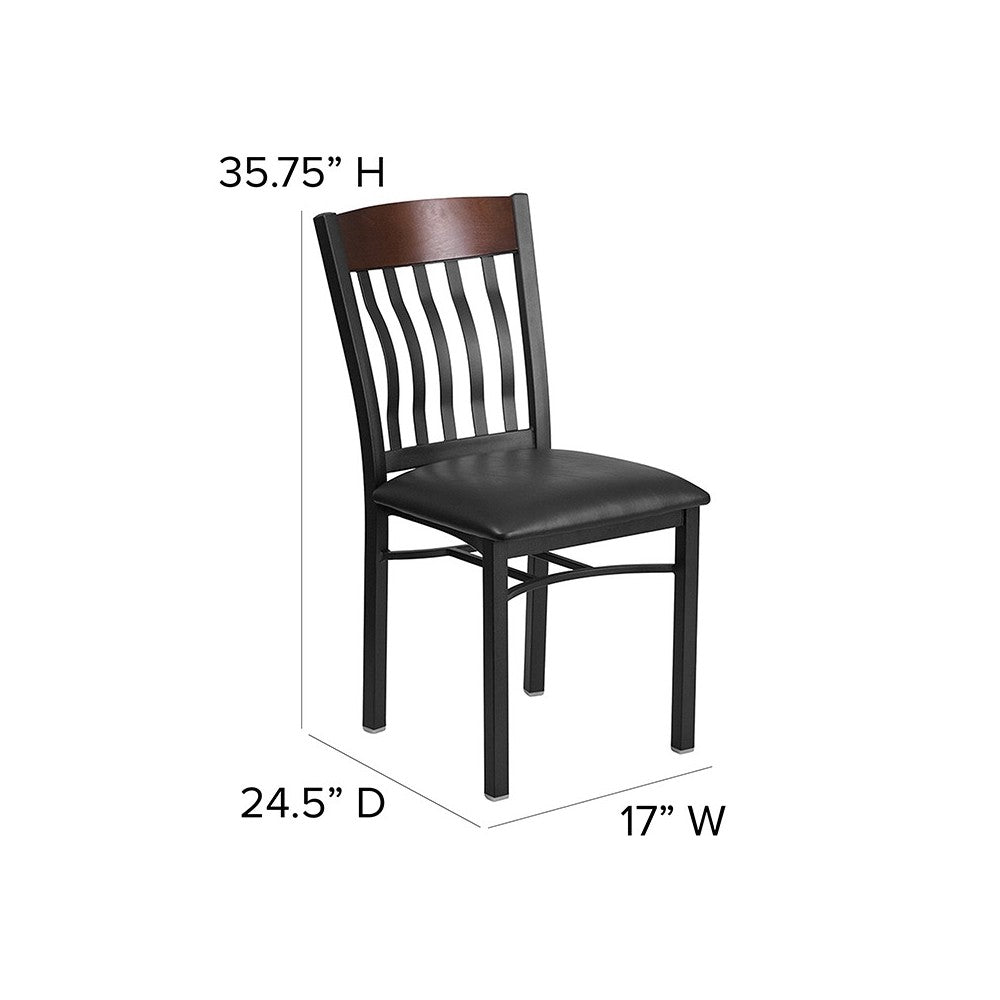 Eclipse Series Vertical Back Black Metal and Walnut Wood Restaurant Chair with Black Vinyl Seat