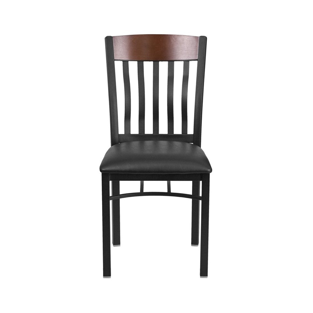 Eclipse Series Vertical Back Black Metal and Walnut Wood Restaurant Chair with Black Vinyl Seat