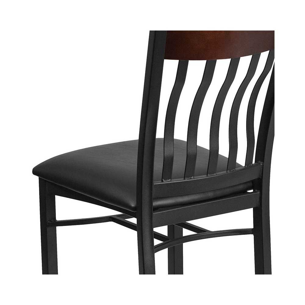 Eclipse Series Vertical Back Black Metal and Walnut Wood Restaurant Chair with Black Vinyl Seat