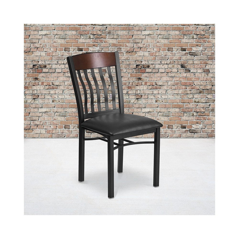 Eclipse Series Vertical Back Black Metal and Walnut Wood Restaurant Chair with Black Vinyl Seat