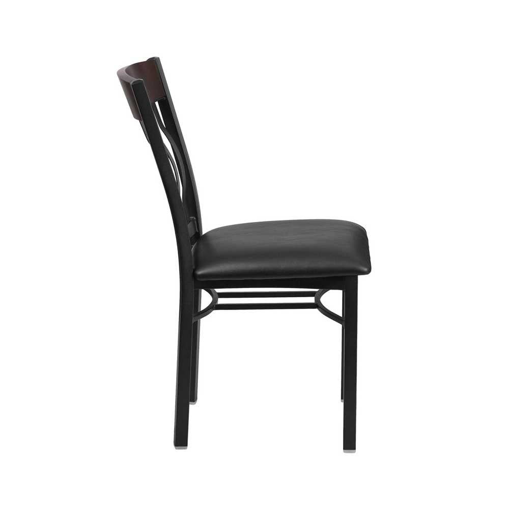 Eclipse Series Vertical Back Black Metal and Walnut Wood Restaurant Chair with Black Vinyl Seat