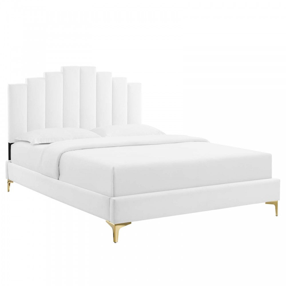 Elise King Performance Velvet Platform Bed, White, MOD-6881-WHI