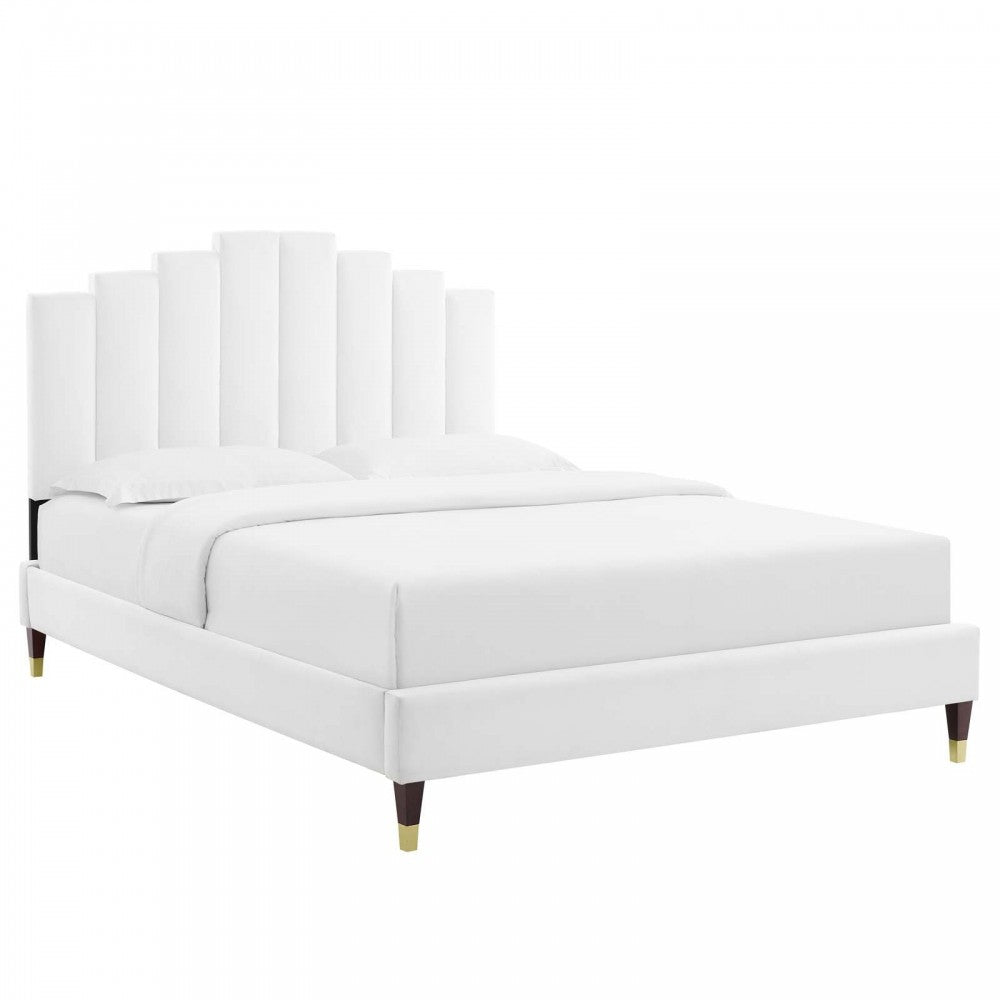 Elise Queen Performance Velvet Platform Bed, White, MOD-6691-WHI