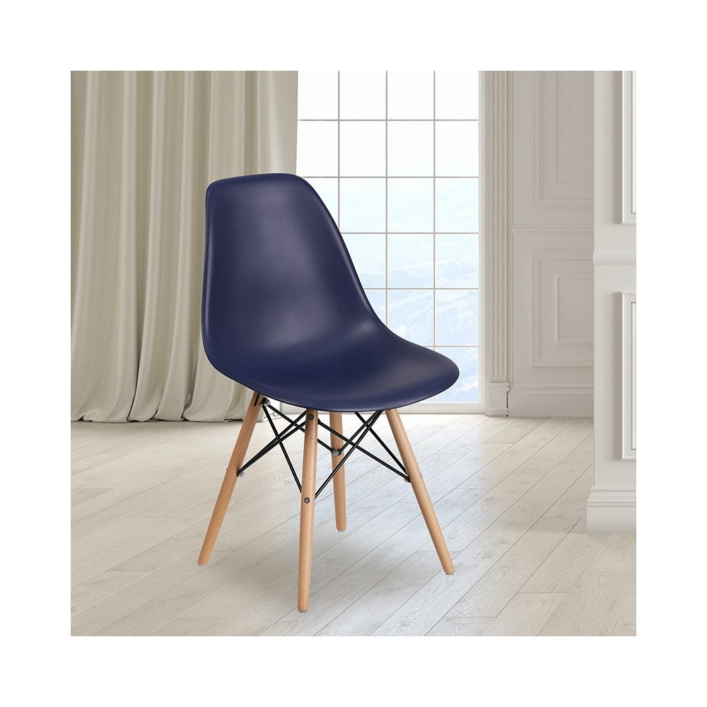 Elon Series Navy Plastic Chair with Wooden Legs