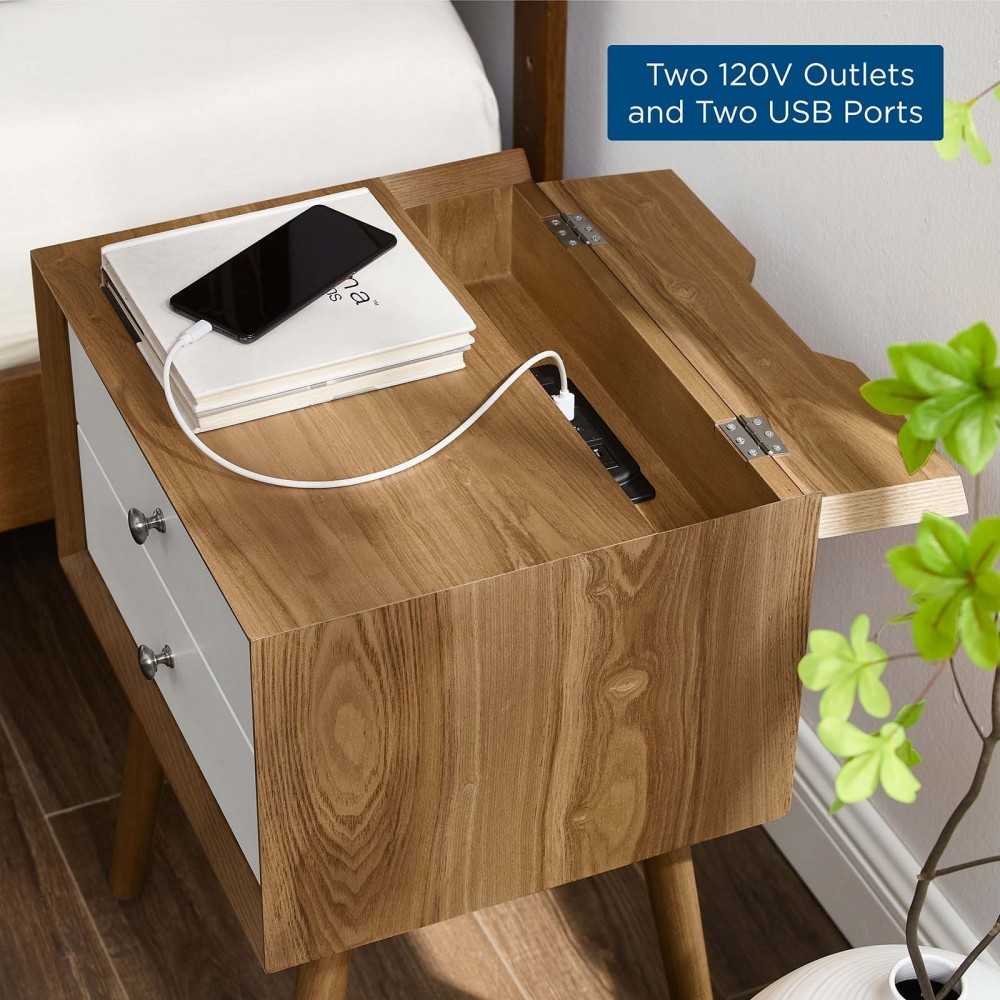 Ember Wood Nightstand With USB Ports, Natural White