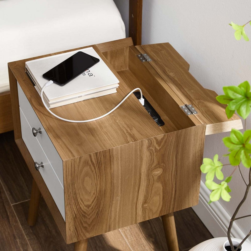 Ember Wood Nightstand With USB Ports, Natural White