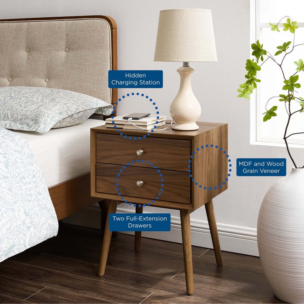 Ember Wood Nightstand With USB Ports, Walnut Walnut