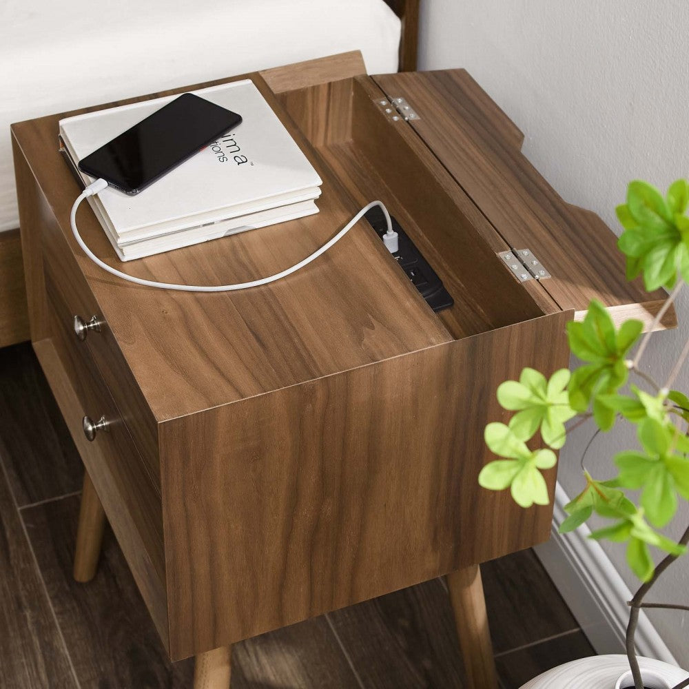 Ember Wood Nightstand With USB Ports, Walnut Walnut