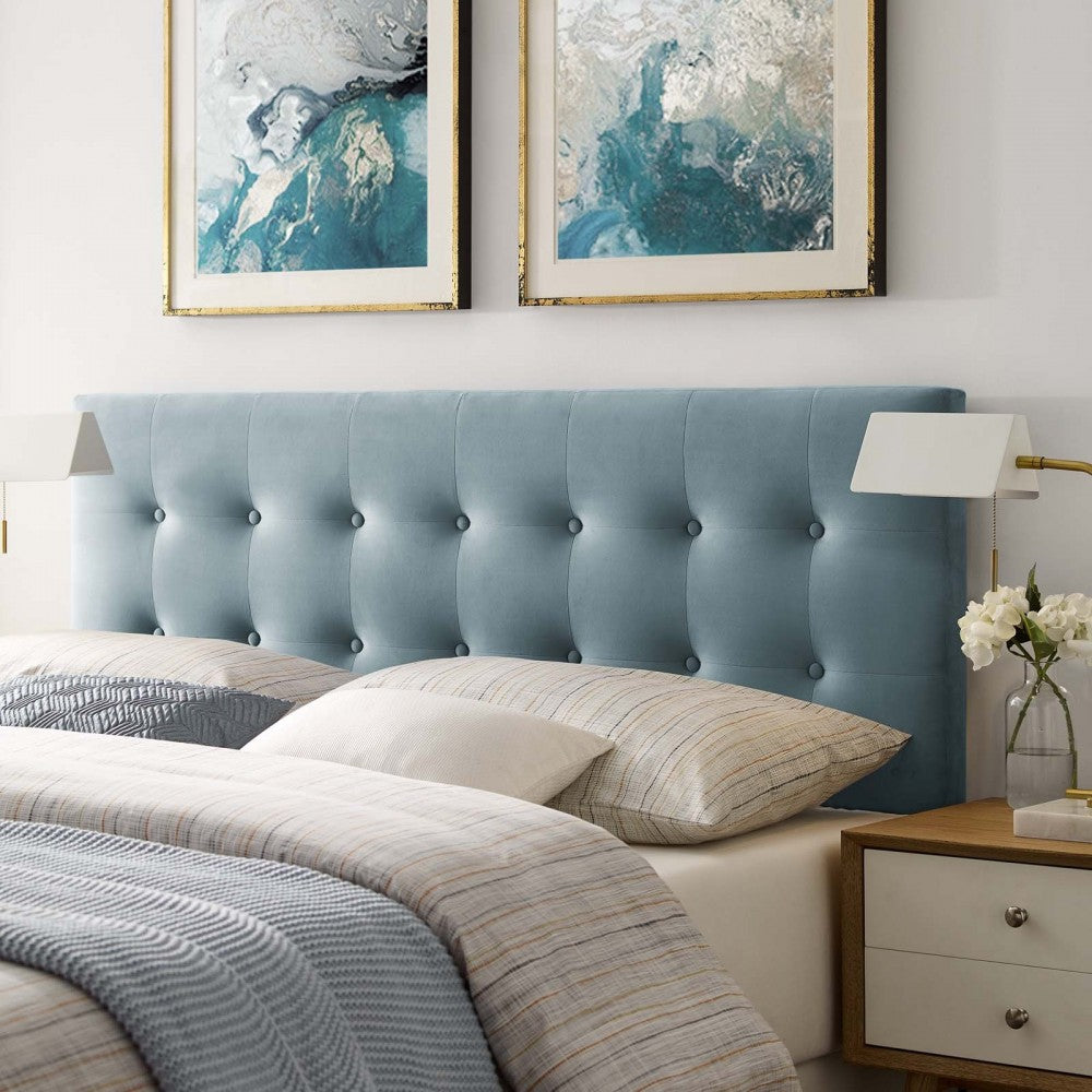 Emily King Biscuit Tufted Performance Velvet Headboard, Light Blue