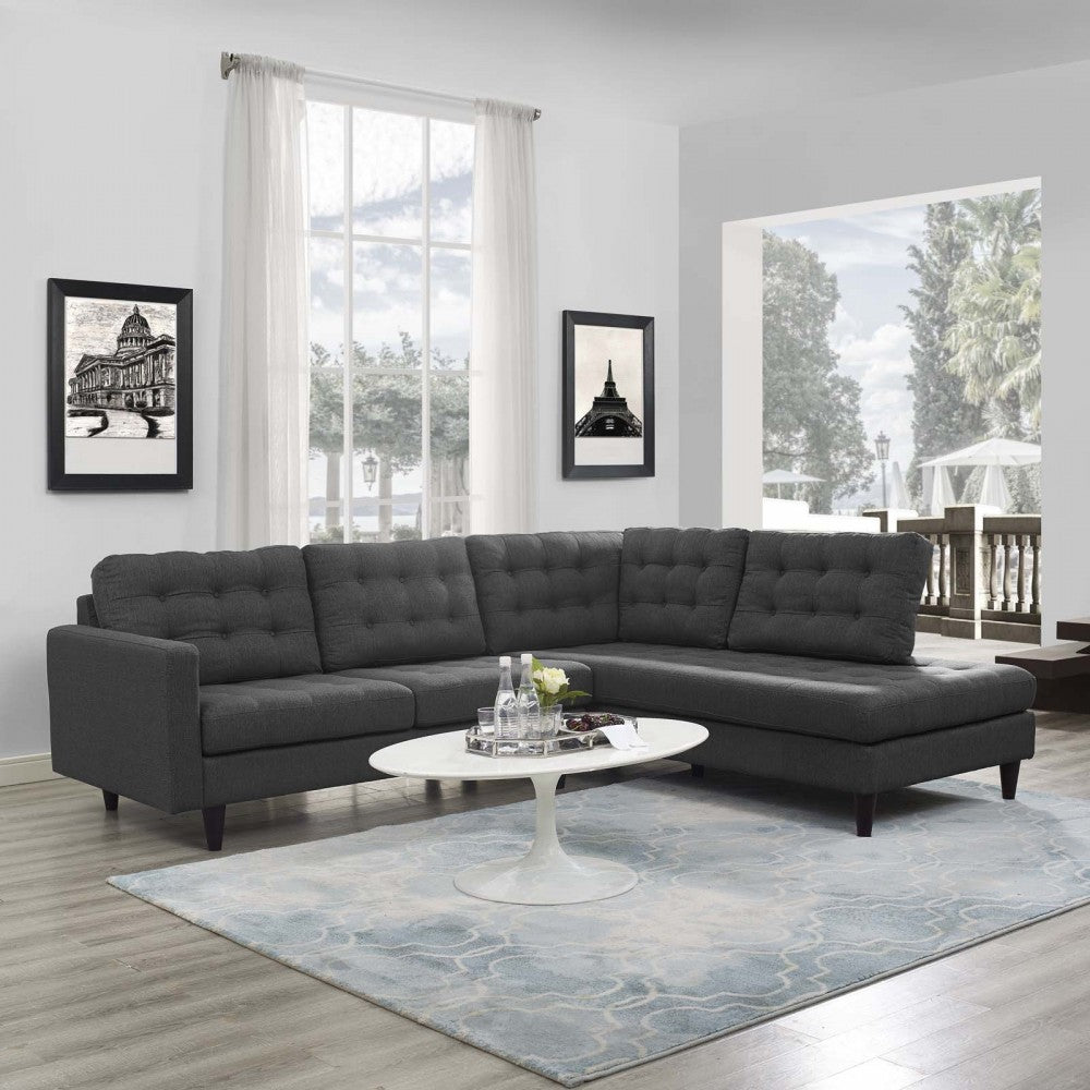 Empress 2 Piece Upholstered Fabric Right Facing Bumper Sectional, Gray