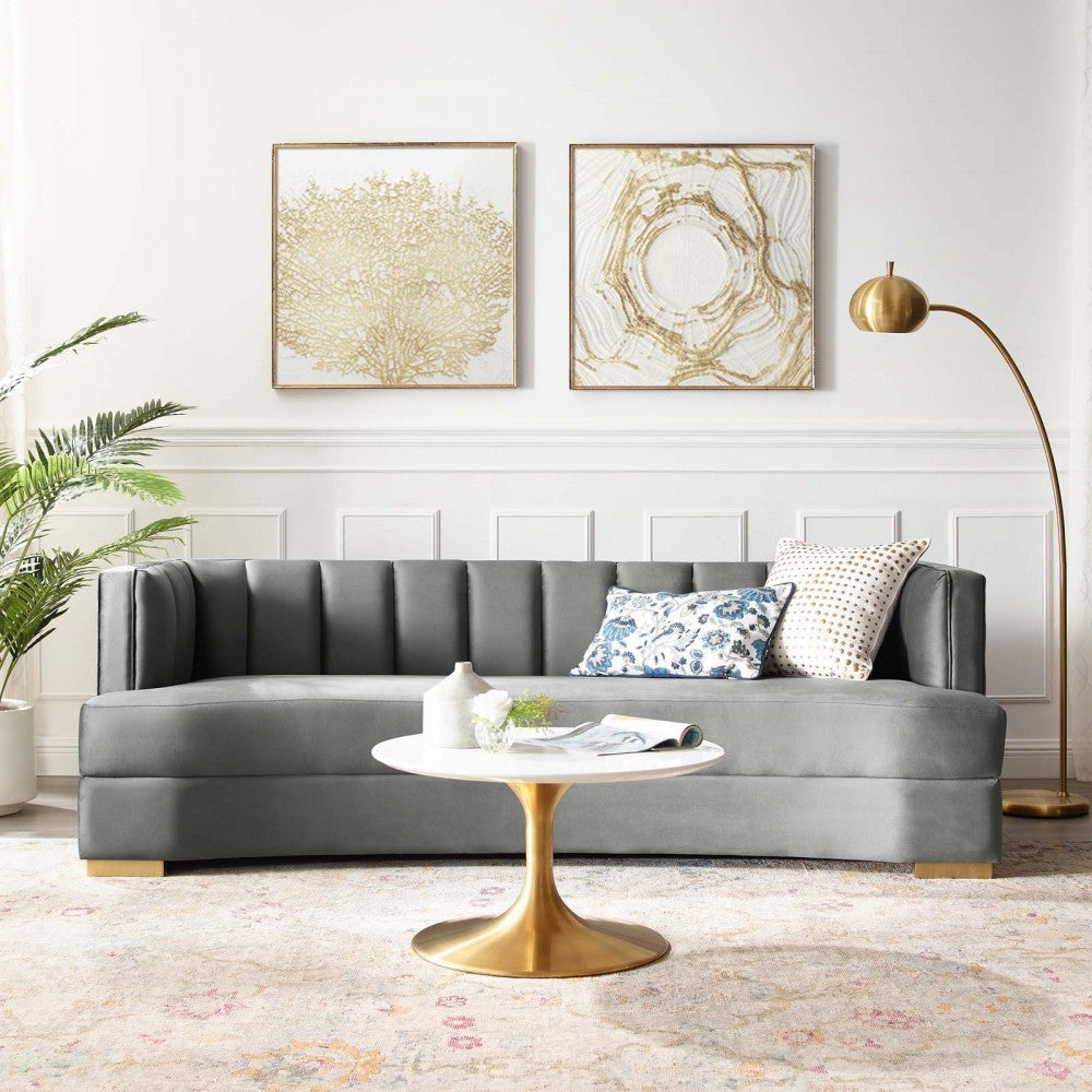 Encompass Channel Tufted Performance Velvet Curved Sofa, Gray