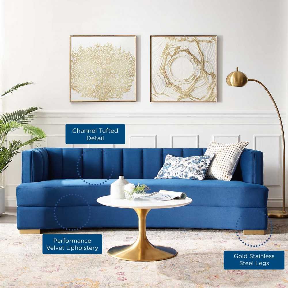 Encompass Channel Tufted Performance Velvet Curved Sofa, Navy