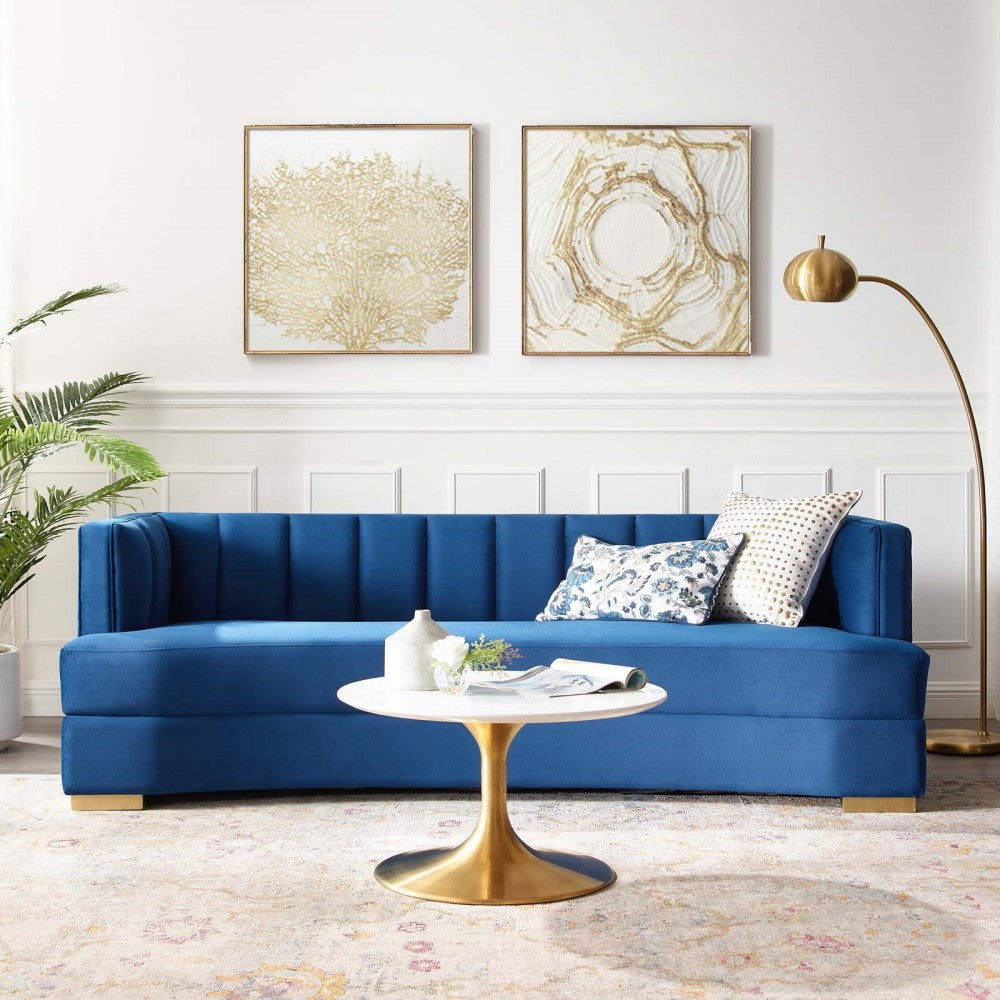 Encompass Channel Tufted Performance Velvet Curved Sofa, Navy
