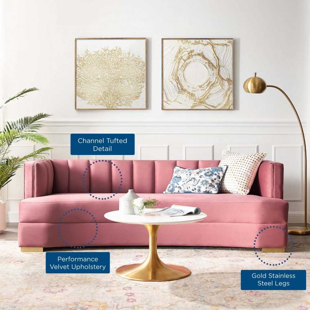 Encompass Channel Tufted Performance Velvet Curved Sofa, Dusty Rose