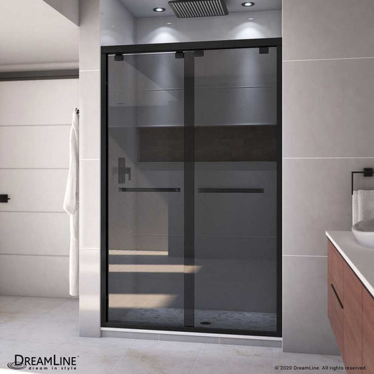 Encore 44-48 in. W x 76 in. H Semi-Frameless Bypass Sliding Shower Door in Satin Black and Gray Glass