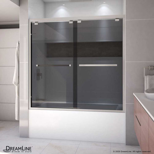 Encore 56-60 in. W x 58 in. H Semi-Frameless Bypass Sliding Tub Door in Brushed Nickel and Gray Glass