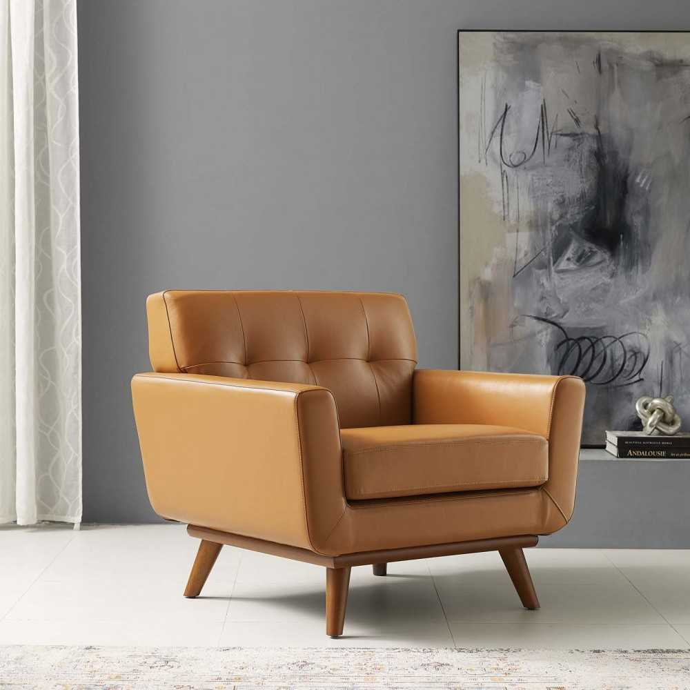 Engage Top-Grain Leather Living Room Lounge Accent Armchair, Tan