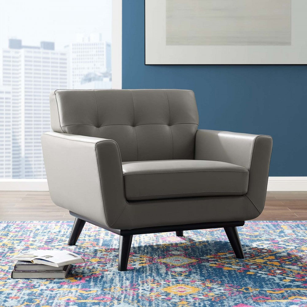 Engage Top-Grain Leather Living Room Lounge Accent Armchair, Gray