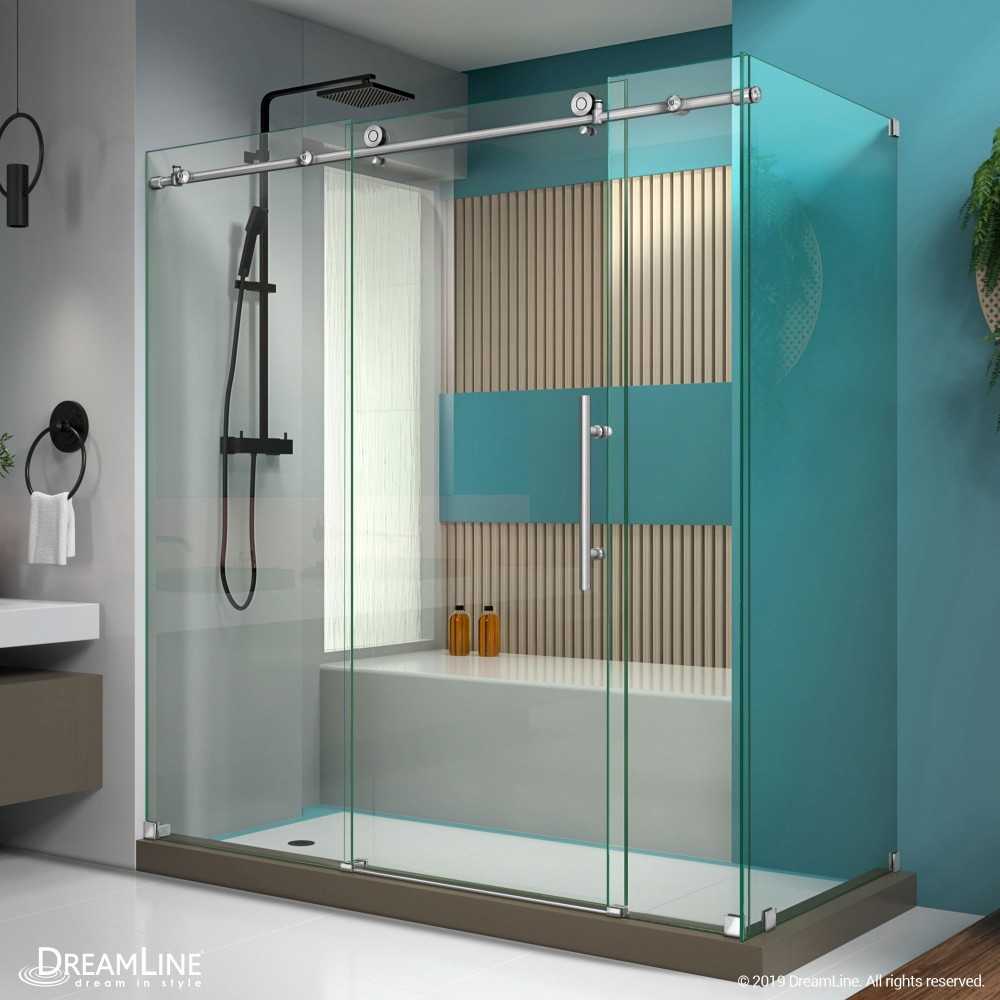 Enigma-X 34 1/2 in. D x 72 3/8 in. W x 76 in. H Fully Frameless Sliding Shower Enclosure in Brushed Stainless Steel