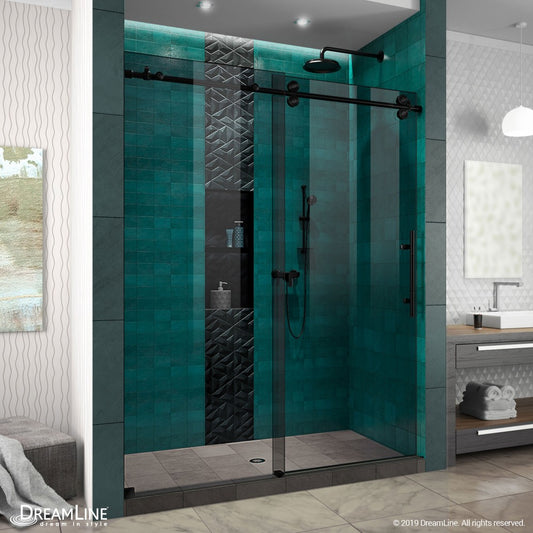 Enigma-XO 56-60 in. W x 76 in. H Frameless Smoke Gray Glass Sliding Shower Door in Satin Black Stainless Steel