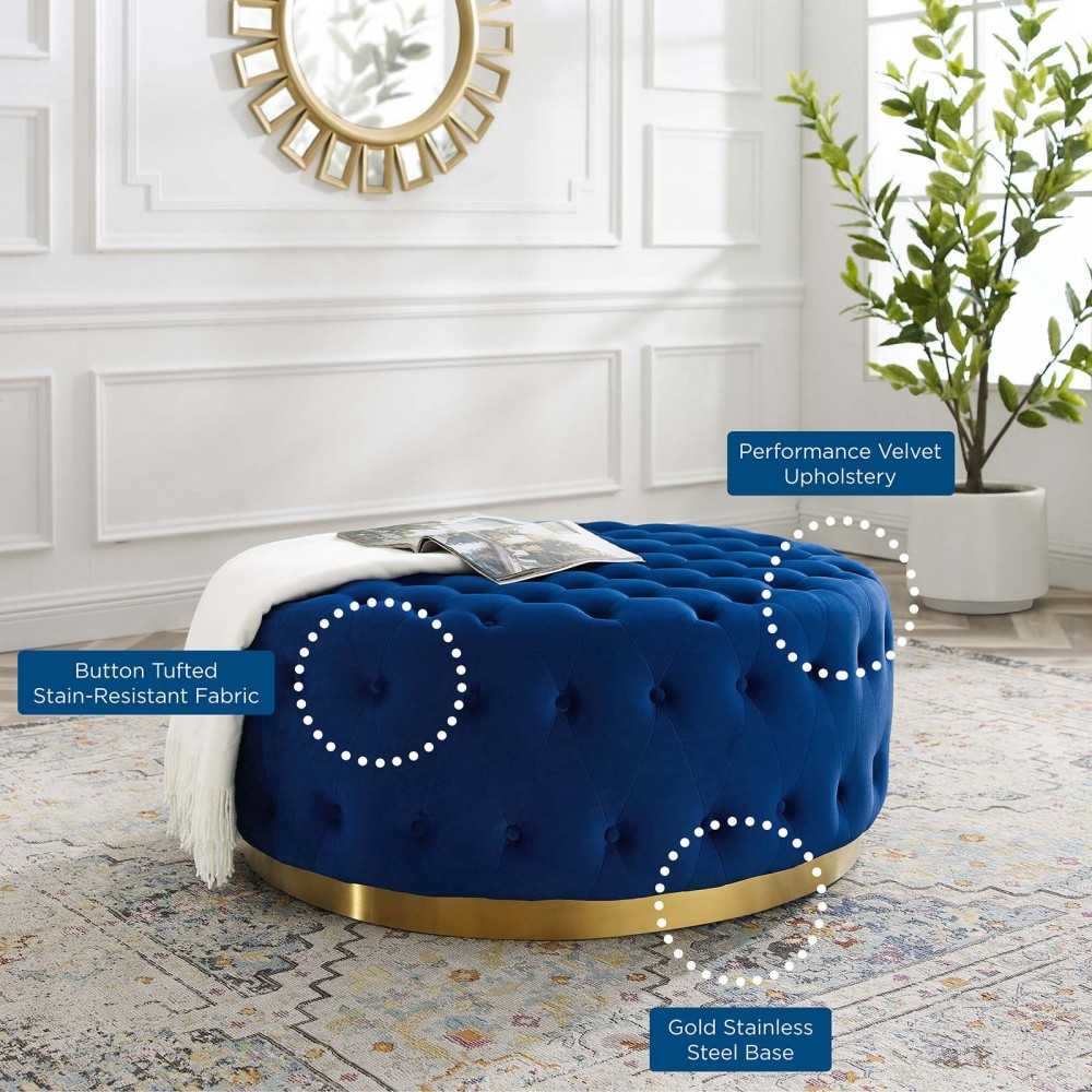 Ensconce Tufted Performance Velvet Round Ottoman, Navy