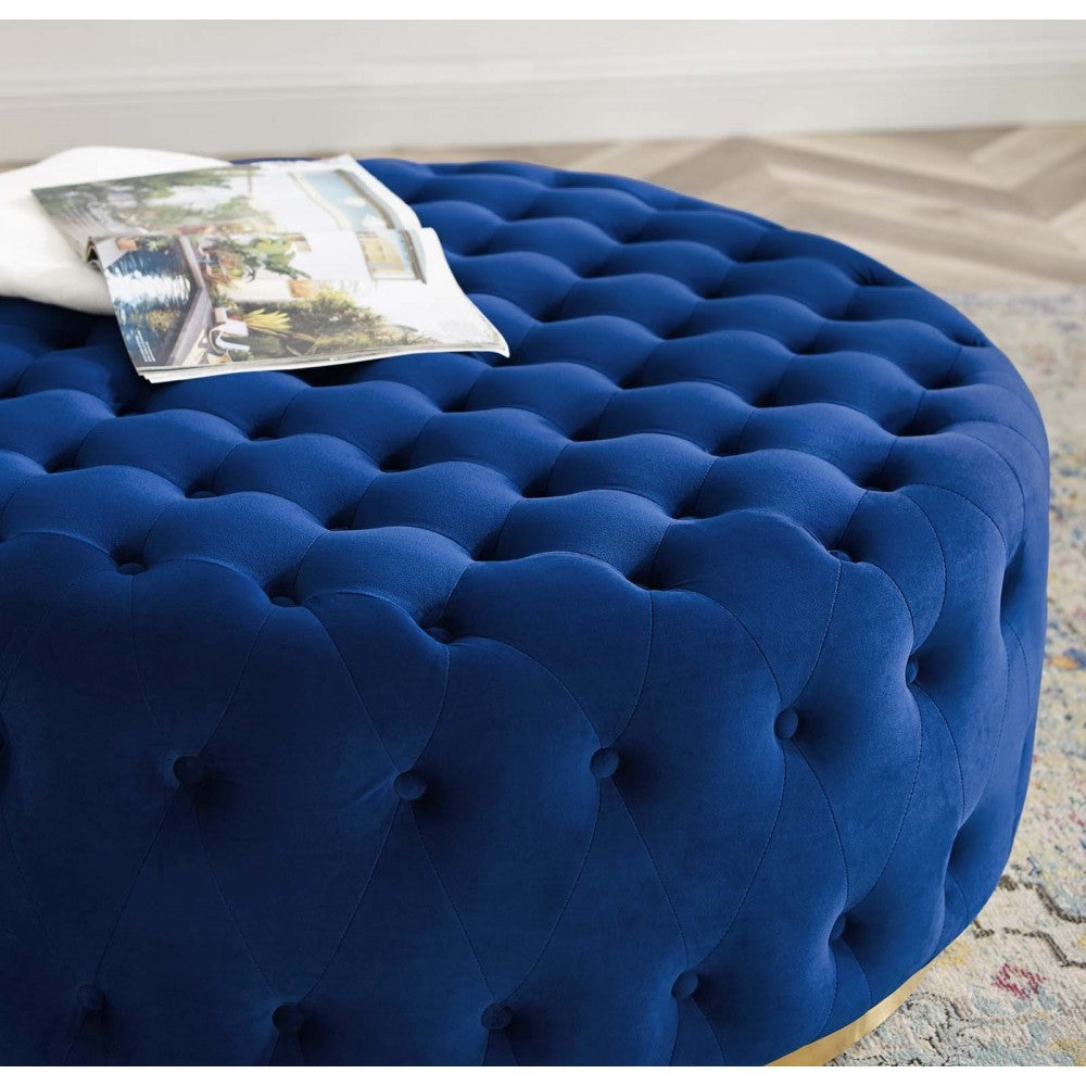 Ensconce Tufted Performance Velvet Round Ottoman, Navy