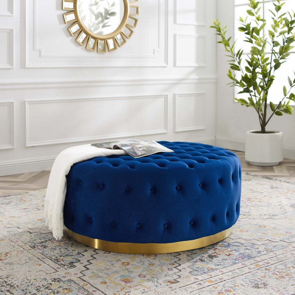 Ensconce Tufted Performance Velvet Round Ottoman, Navy