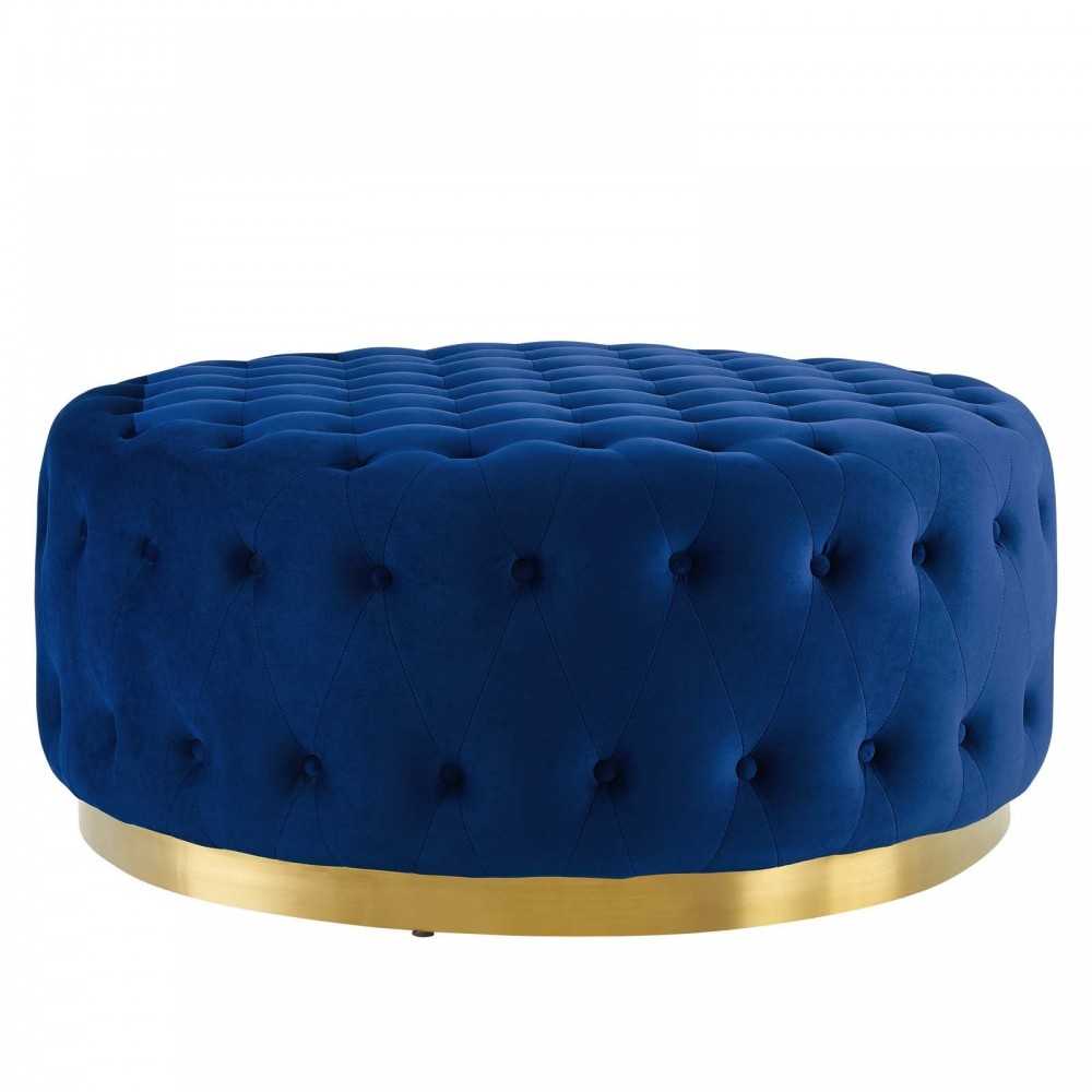 Ensconce Tufted Performance Velvet Round Ottoman, Navy