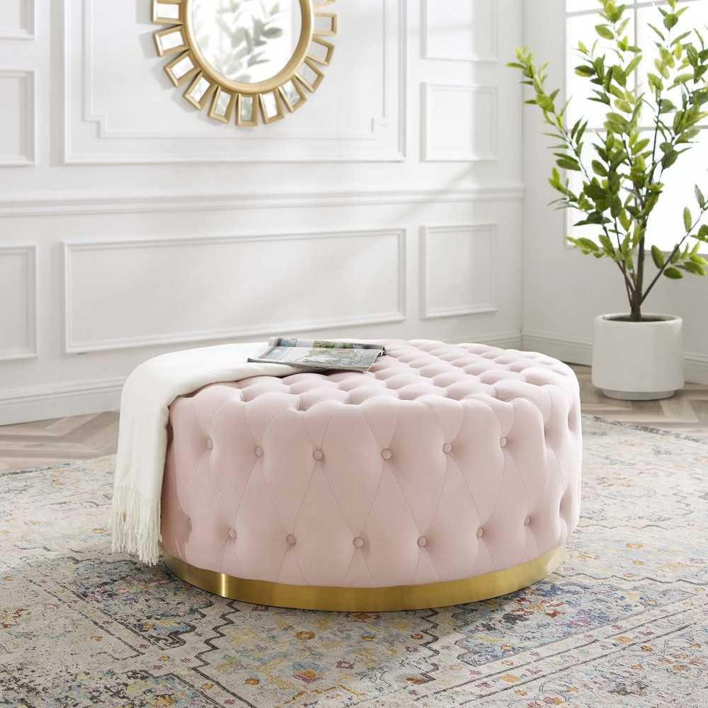 Ensconce Tufted Performance Velvet Round Ottoman, Pink