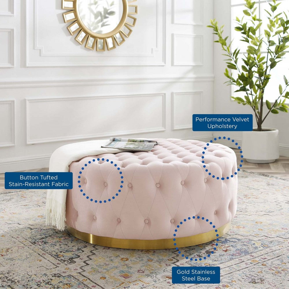 Ensconce Tufted Performance Velvet Round Ottoman, Pink