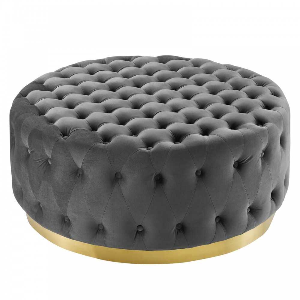 Ensconce Tufted Performance Velvet Round Ottoman, Gray