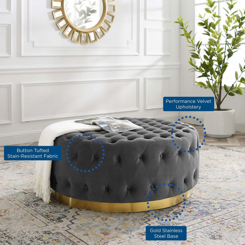 Ensconce Tufted Performance Velvet Round Ottoman, Gray