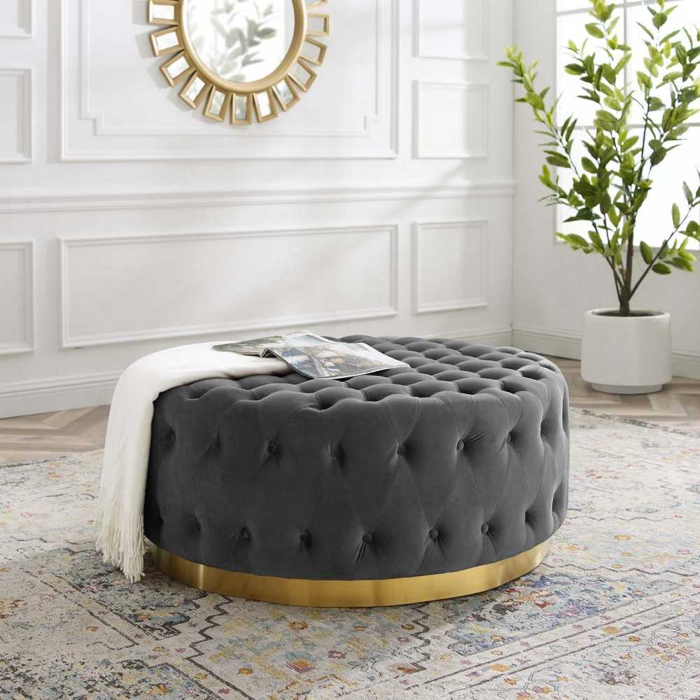Ensconce Tufted Performance Velvet Round Ottoman, Gray
