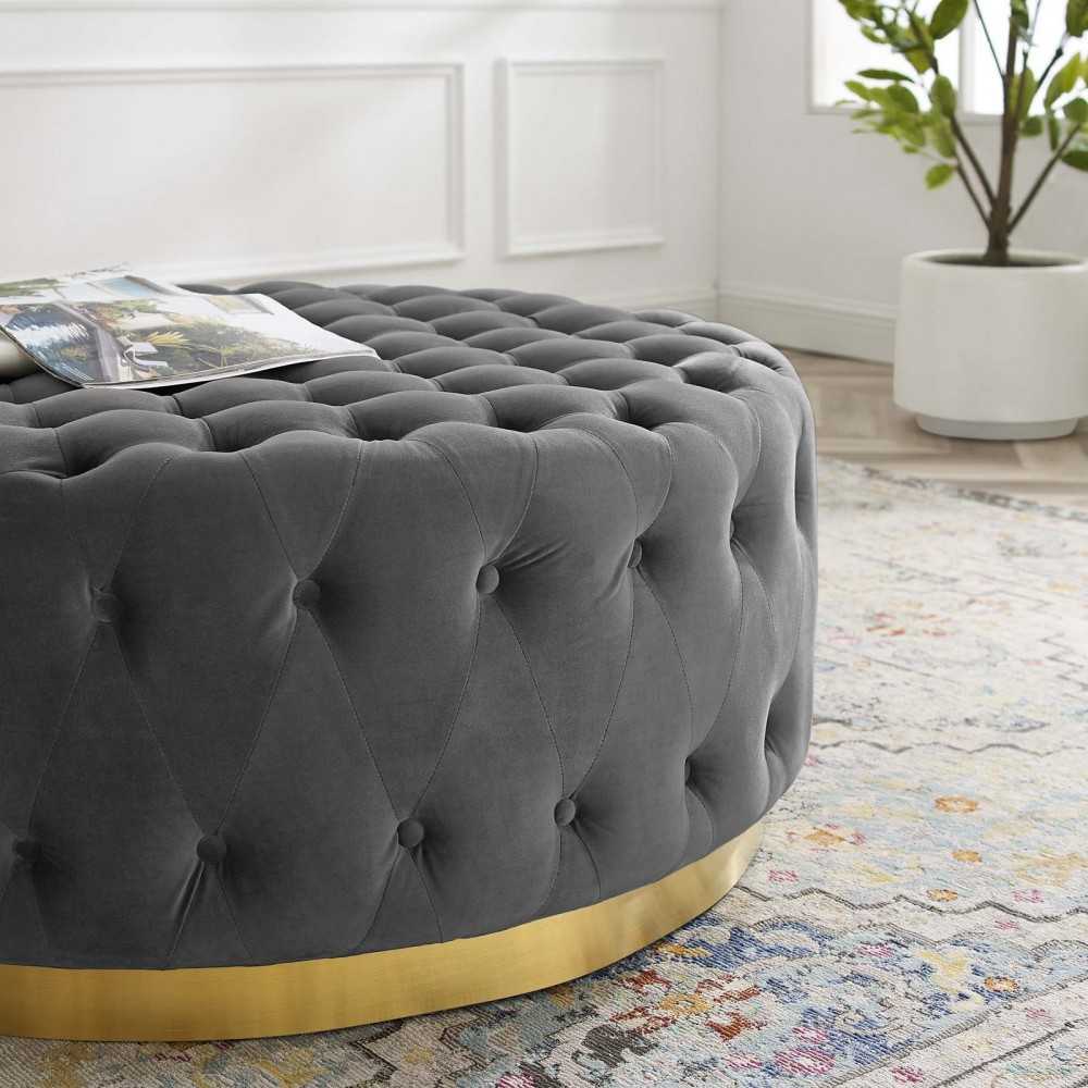 Ensconce Tufted Performance Velvet Round Ottoman, Gray