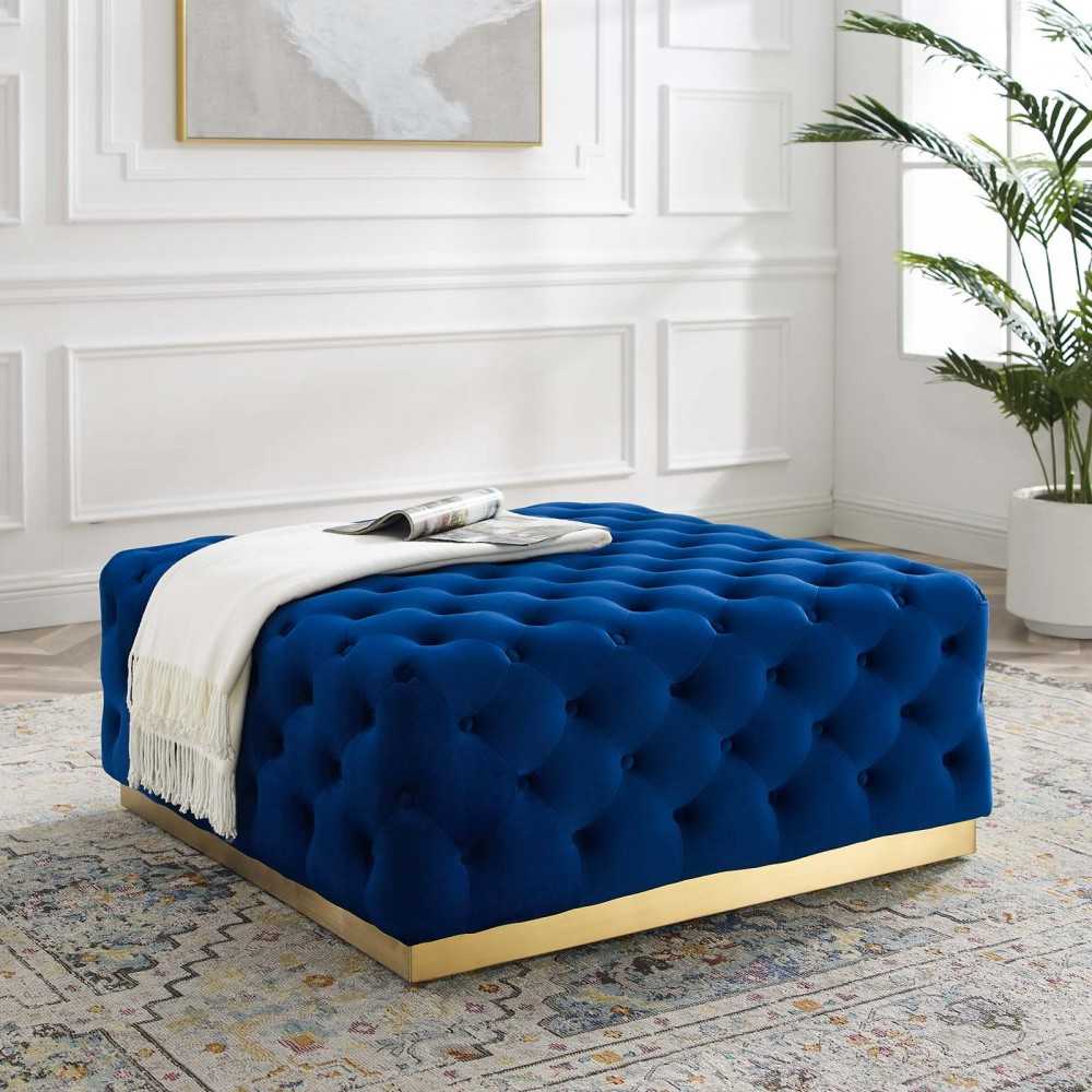 Ensconce Tufted Performance Velvet Square Ottoman, Navy