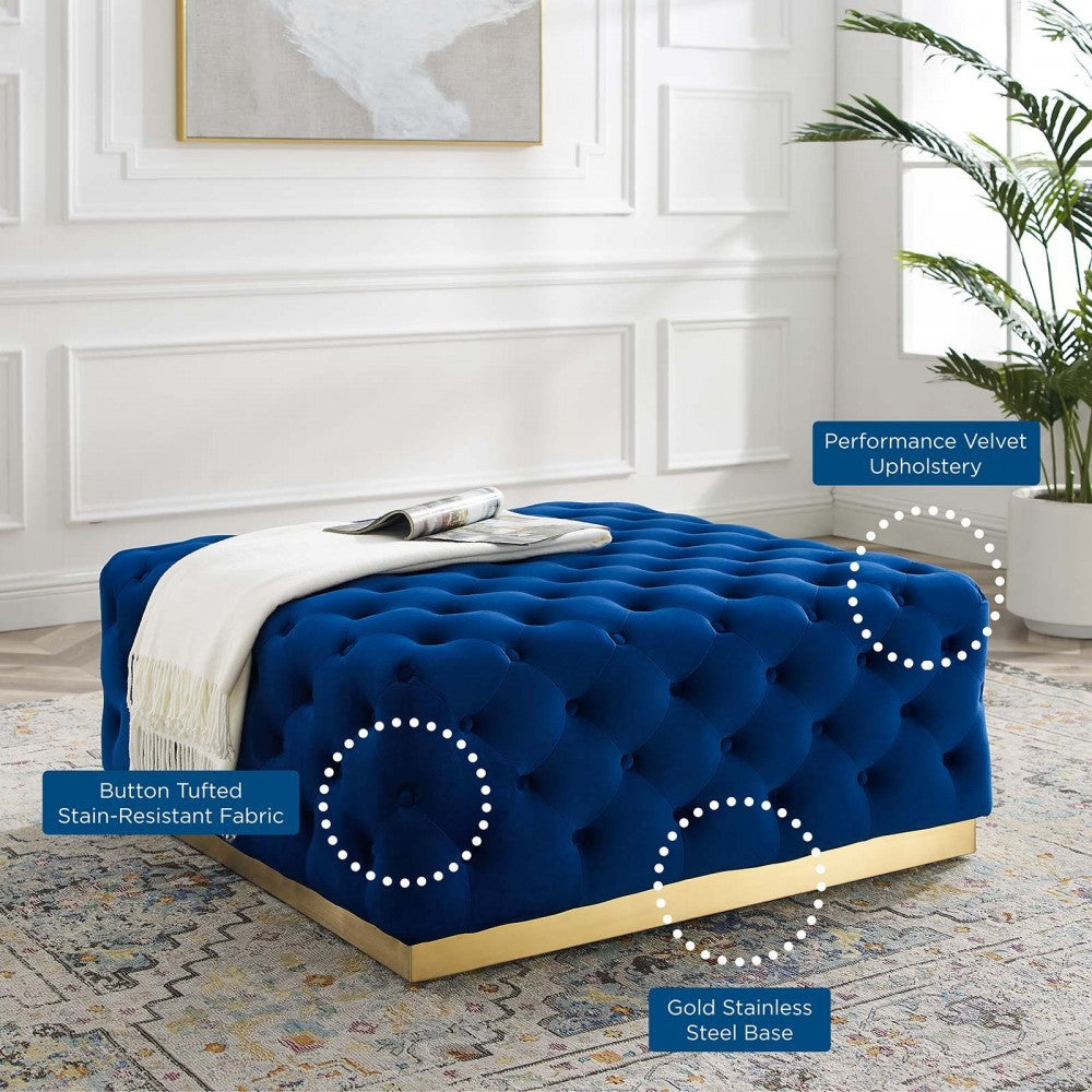 Ensconce Tufted Performance Velvet Square Ottoman, Navy