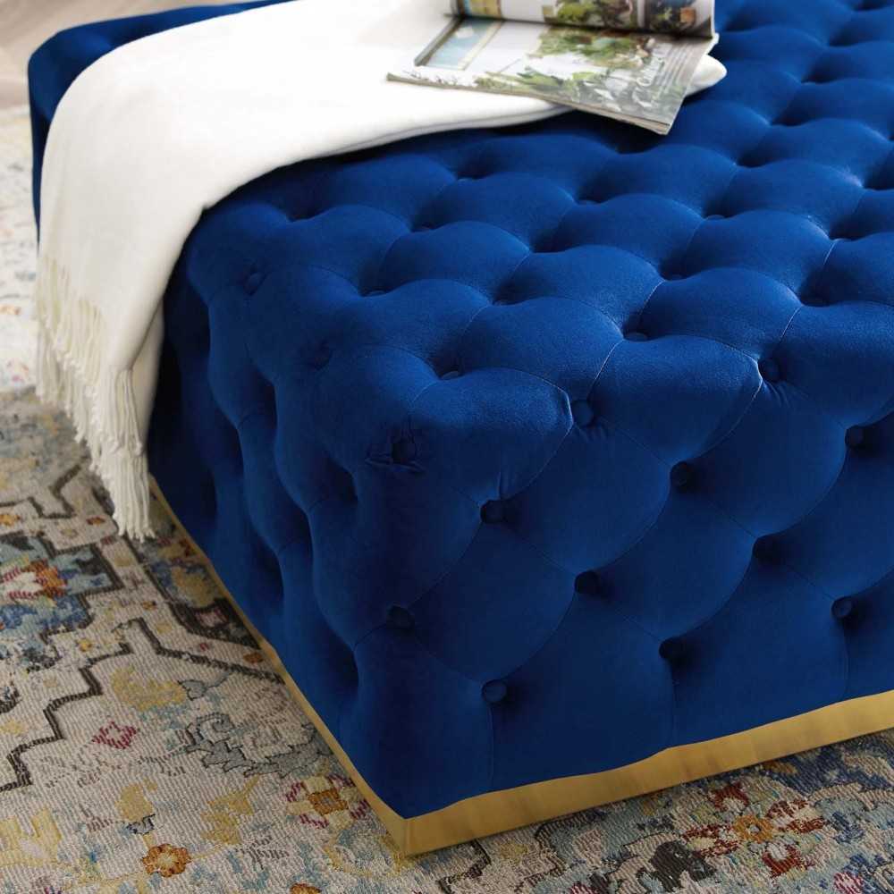 Ensconce Tufted Performance Velvet Square Ottoman, Navy