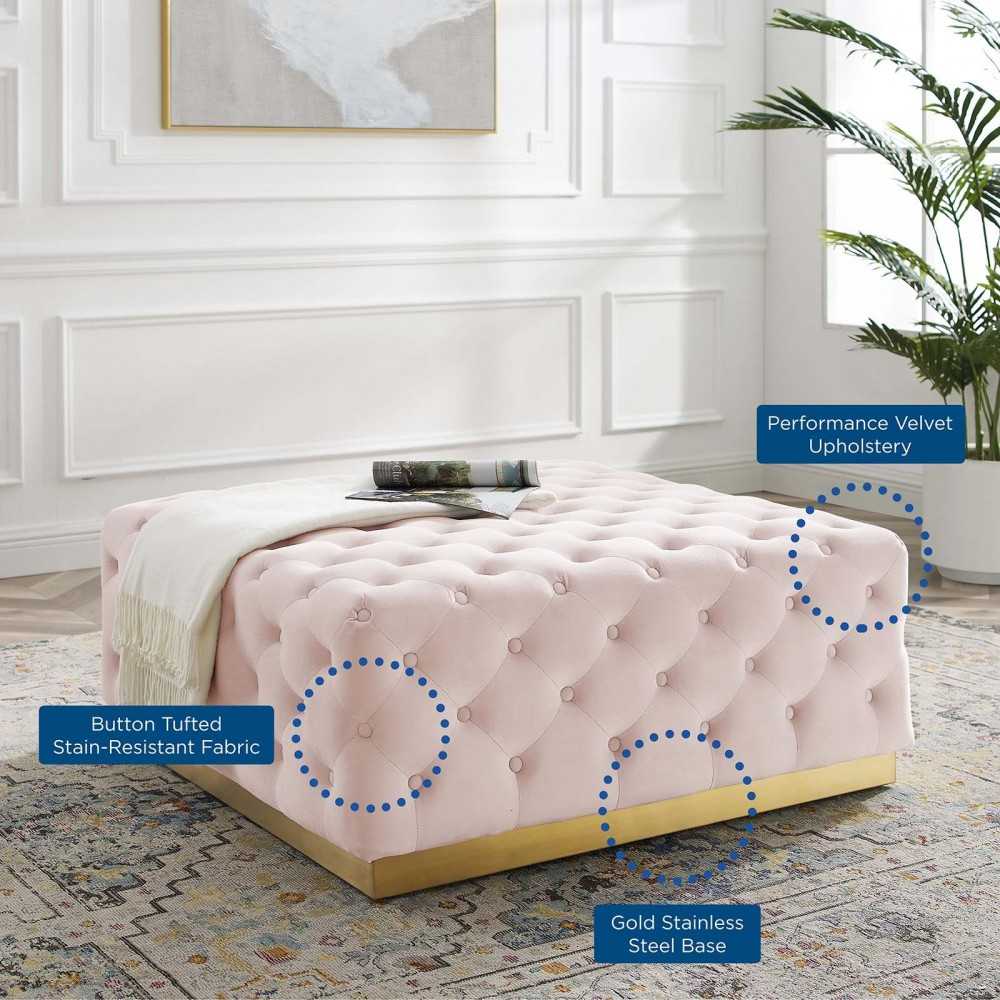 Ensconce Tufted Performance Velvet Square Ottoman, Pink