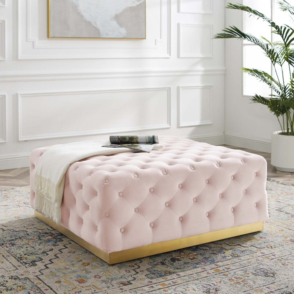 Ensconce Tufted Performance Velvet Square Ottoman, Pink